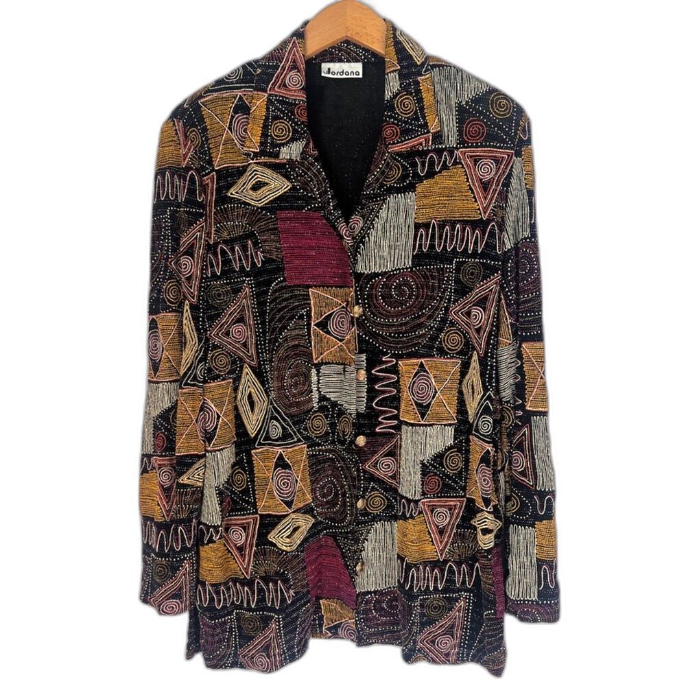 Jordana Vintage Beaded Jeweled Maximal Button Front Artsy Blouse Size 10
